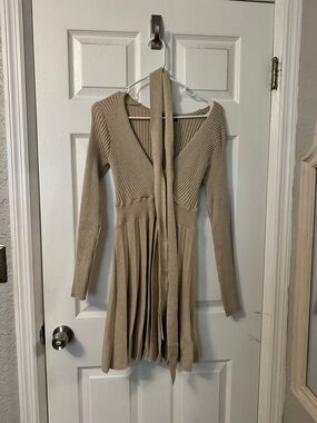 Ribbed Knit Tie-Waist Dress in Beige